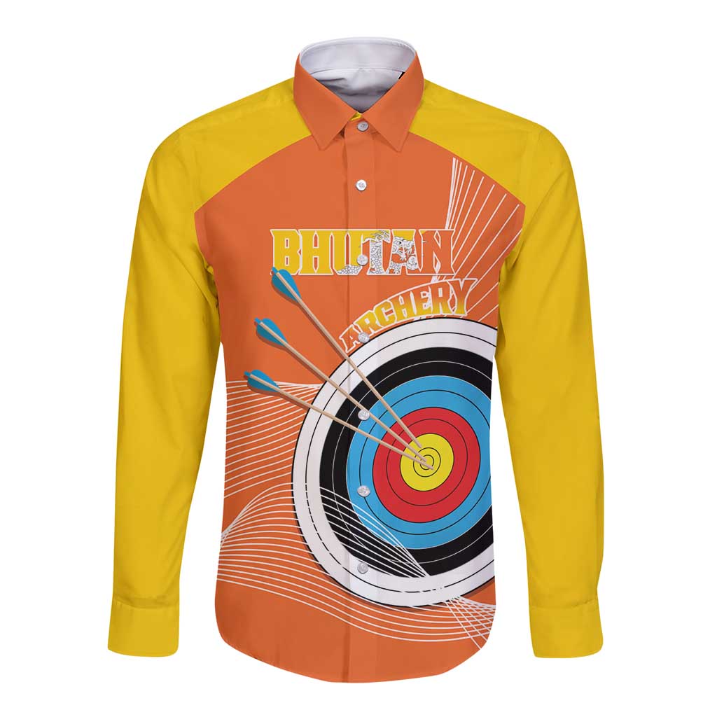 Personalised Bhutan Archery Long Sleeve Button Shirt Board Style Flag Color - Wonder Print Shop