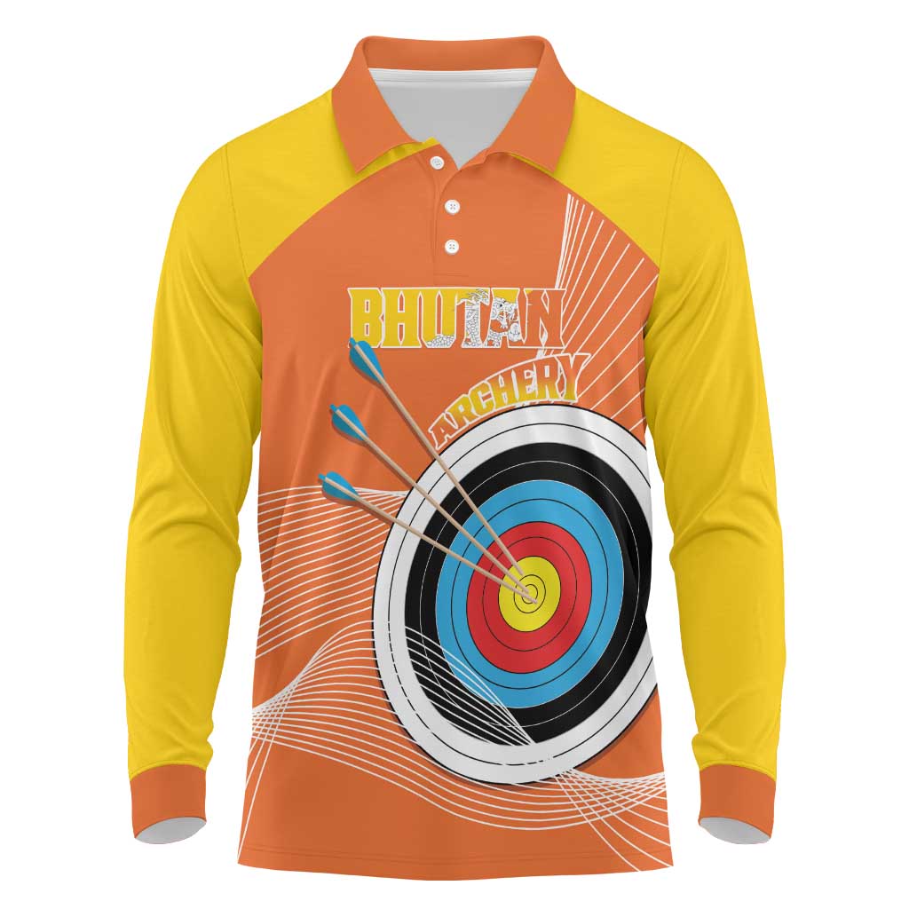 Personalised Bhutan Archery Long Sleeve Polo Shirt Board Style Flag Color - Wonder Print Shop