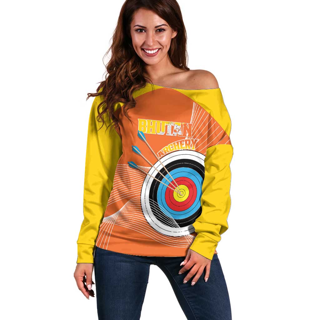 Personalised Bhutan Archery Off Shoulder Sweater Board Style Flag Color - Wonder Print Shop