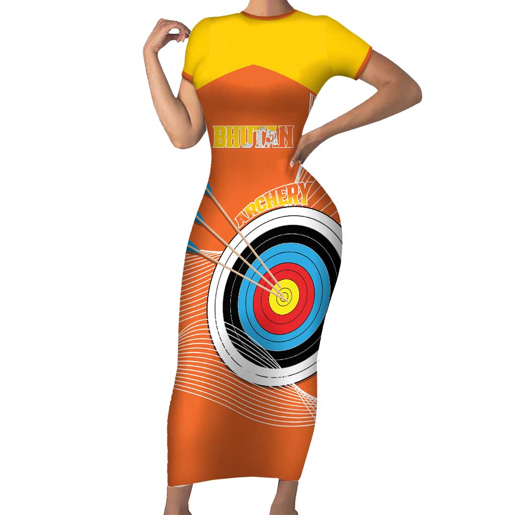 Personalised Bhutan Archery Short Sleeve Bodycon Dress Board Style Flag Color - Wonder Print Shop