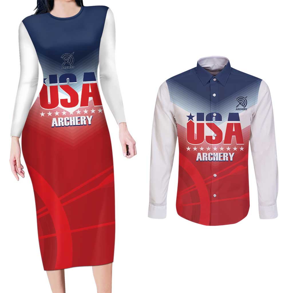 Personalized United States Archery Couples Matching Long Sleeve Bodycon Dress and Long Sleeve Button Shirt USA 2025 Sporty Style - Wonder Print Shop