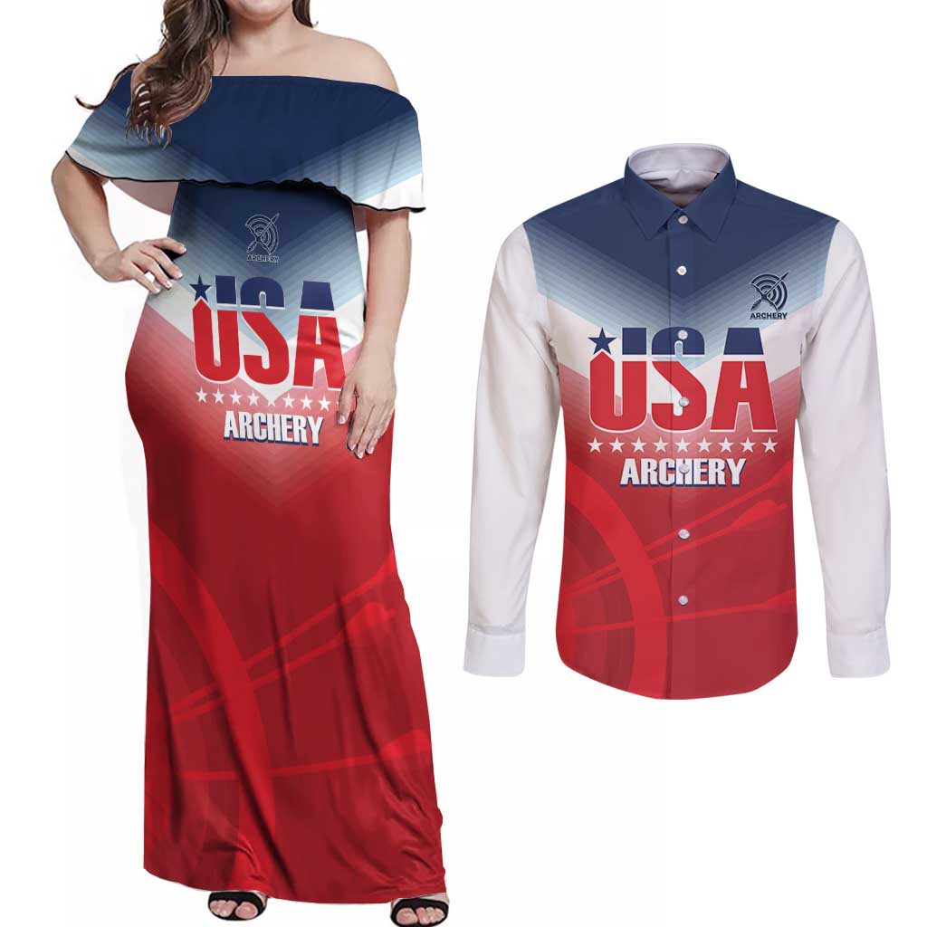 Personalized United States Archery Couples Matching Off Shoulder Maxi Dress and Long Sleeve Button Shirt USA 2025 Sporty Style - Wonder Print Shop