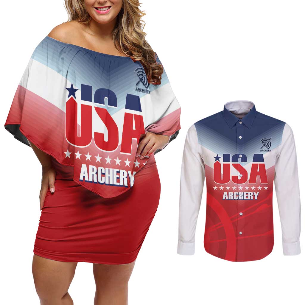 Personalized United States Archery Couples Matching Off Shoulder Short Dress and Long Sleeve Button Shirt USA 2025 Sporty Style - Wonder Print Shop