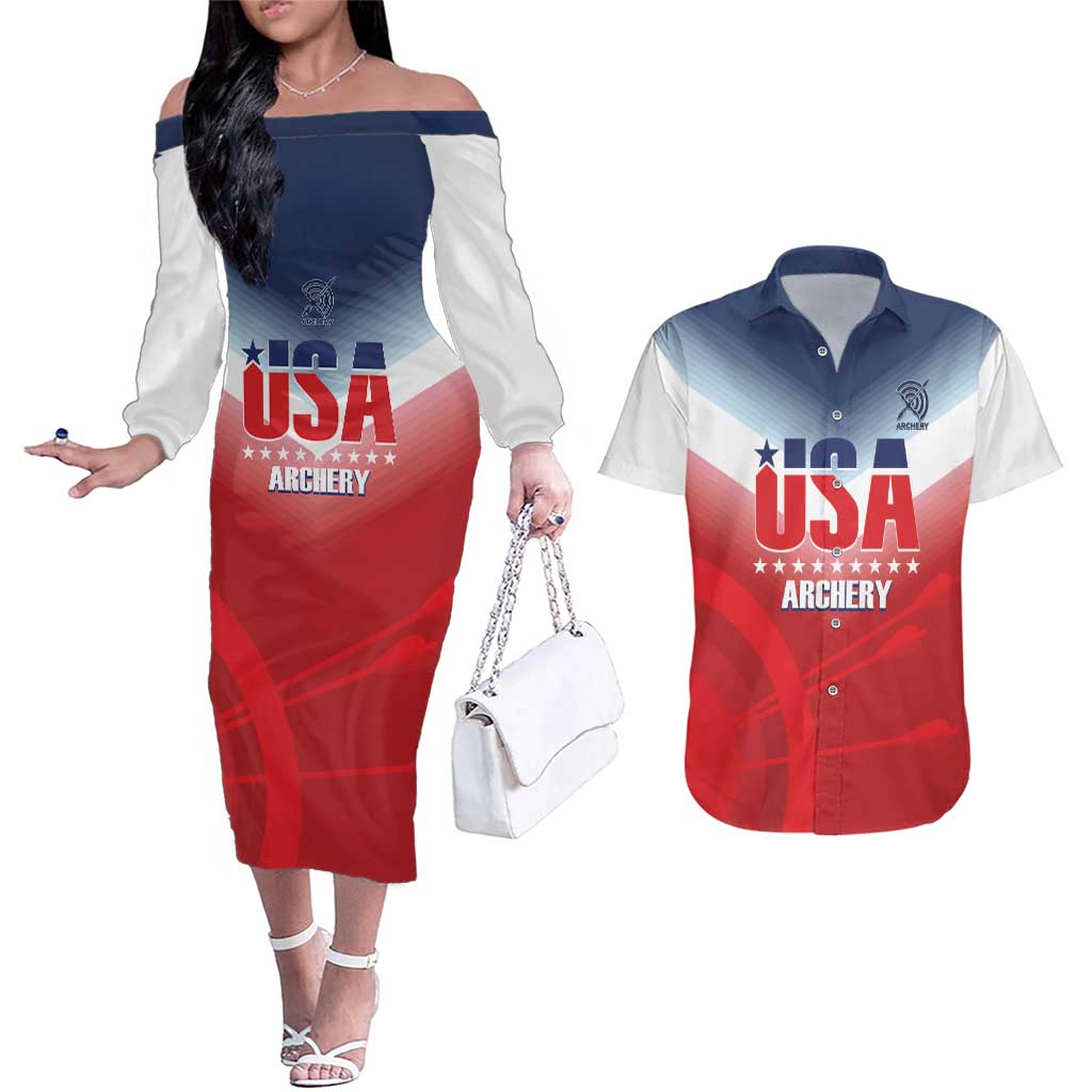 Personalized United States Archery Couples Matching Off The Shoulder Long Sleeve Dress and Hawaiian Shirt USA 2025 Sporty Style - Wonder Print Shop