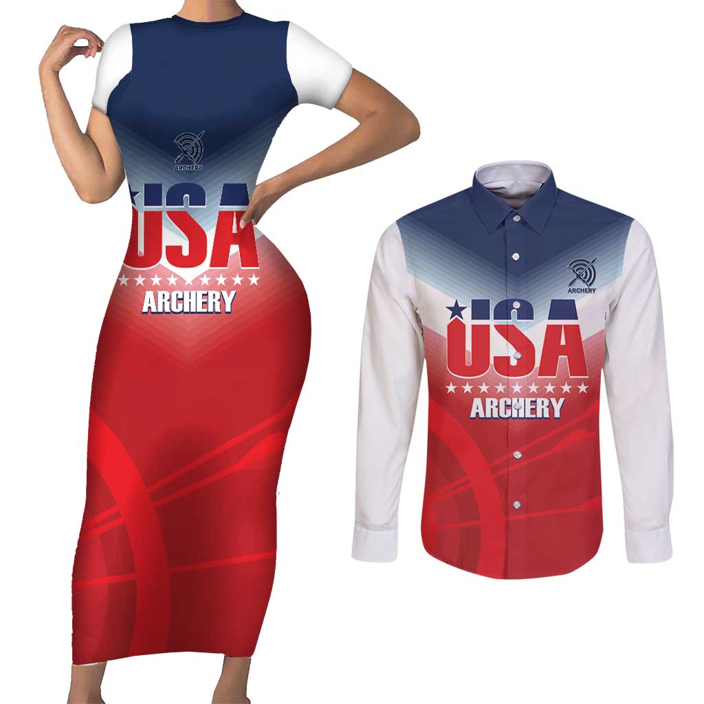 Personalized United States Archery Couples Matching Short Sleeve Bodycon Dress and Long Sleeve Button Shirt USA 2025 Sporty Style - Wonder Print Shop