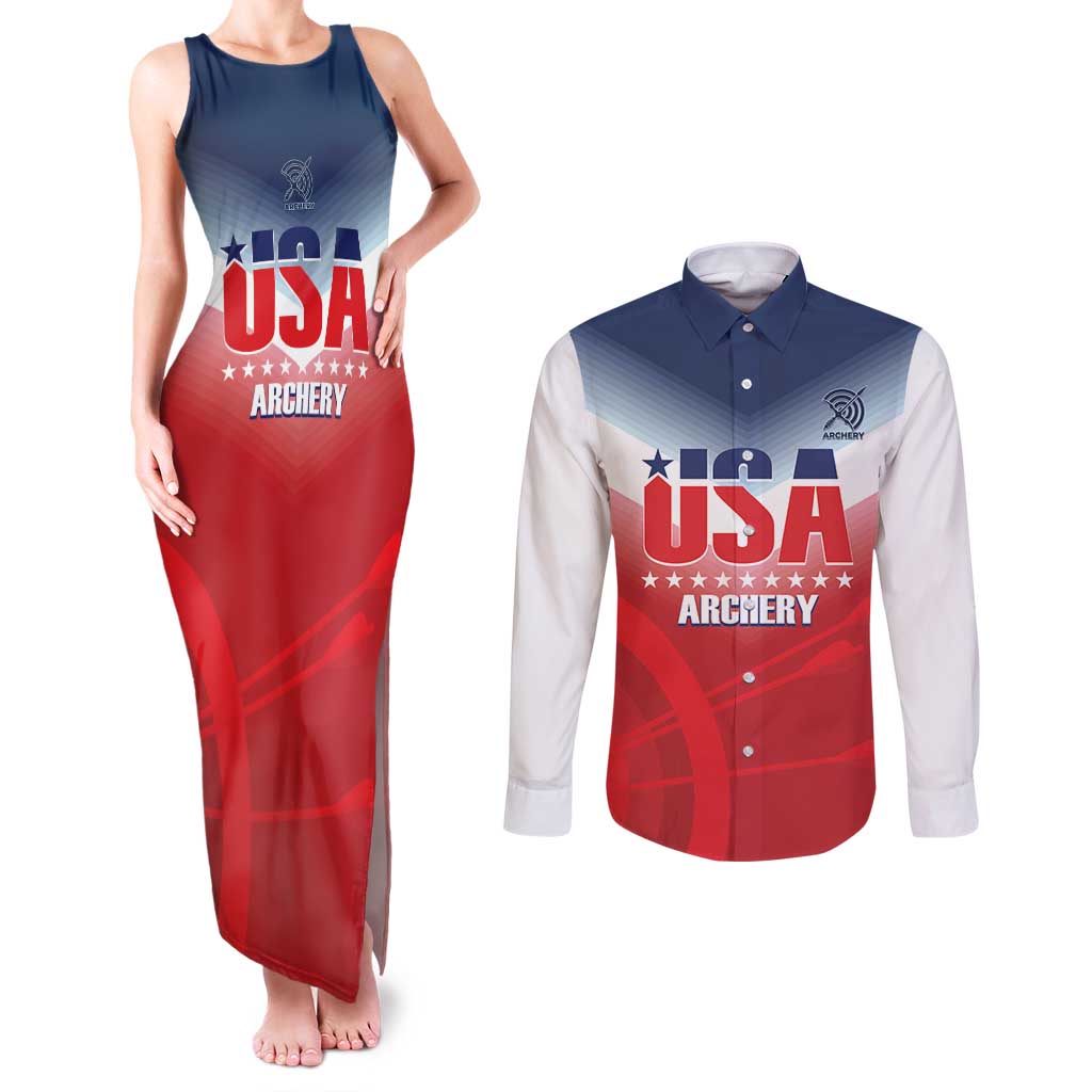 Personalized United States Archery Couples Matching Tank Maxi Dress and Long Sleeve Button Shirt USA 2025 Sporty Style - Wonder Print Shop