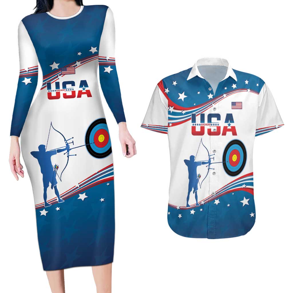 Personalized United States Archery Couples Matching Long Sleeve Bodycon Dress and Hawaiian Shirt USA Sport Curve Style - Wonder Print Shop