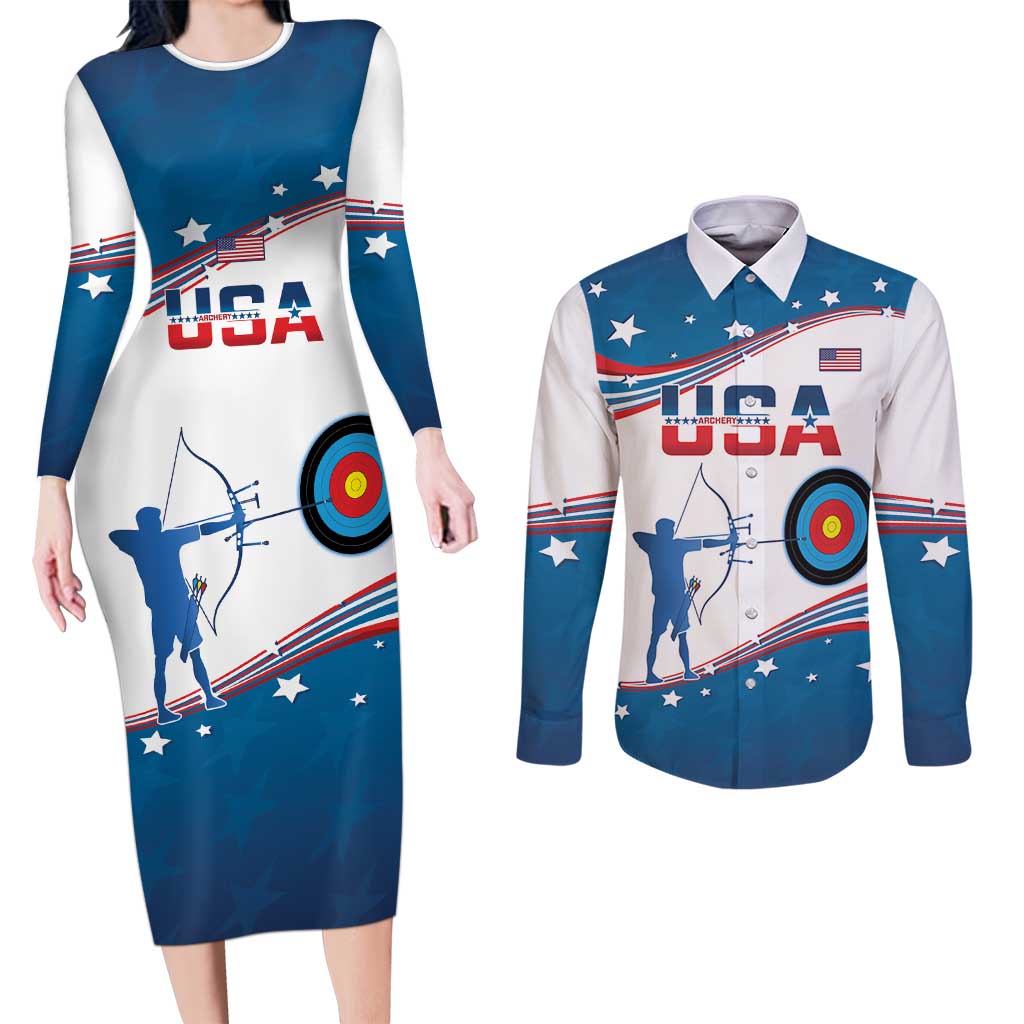 Personalized United States Archery Couples Matching Long Sleeve Bodycon Dress and Long Sleeve Button Shirt USA Sport Curve Style - Wonder Print Shop