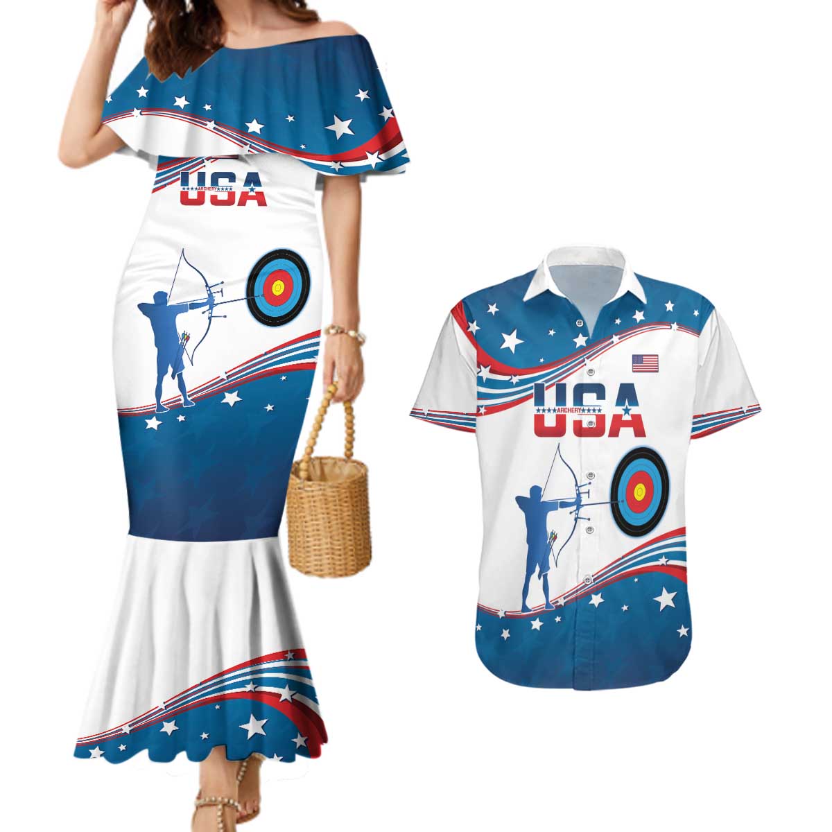 Personalized United States Archery Couples Matching Mermaid Dress and Hawaiian Shirt USA Sport Curve Style - Wonder Print Shop