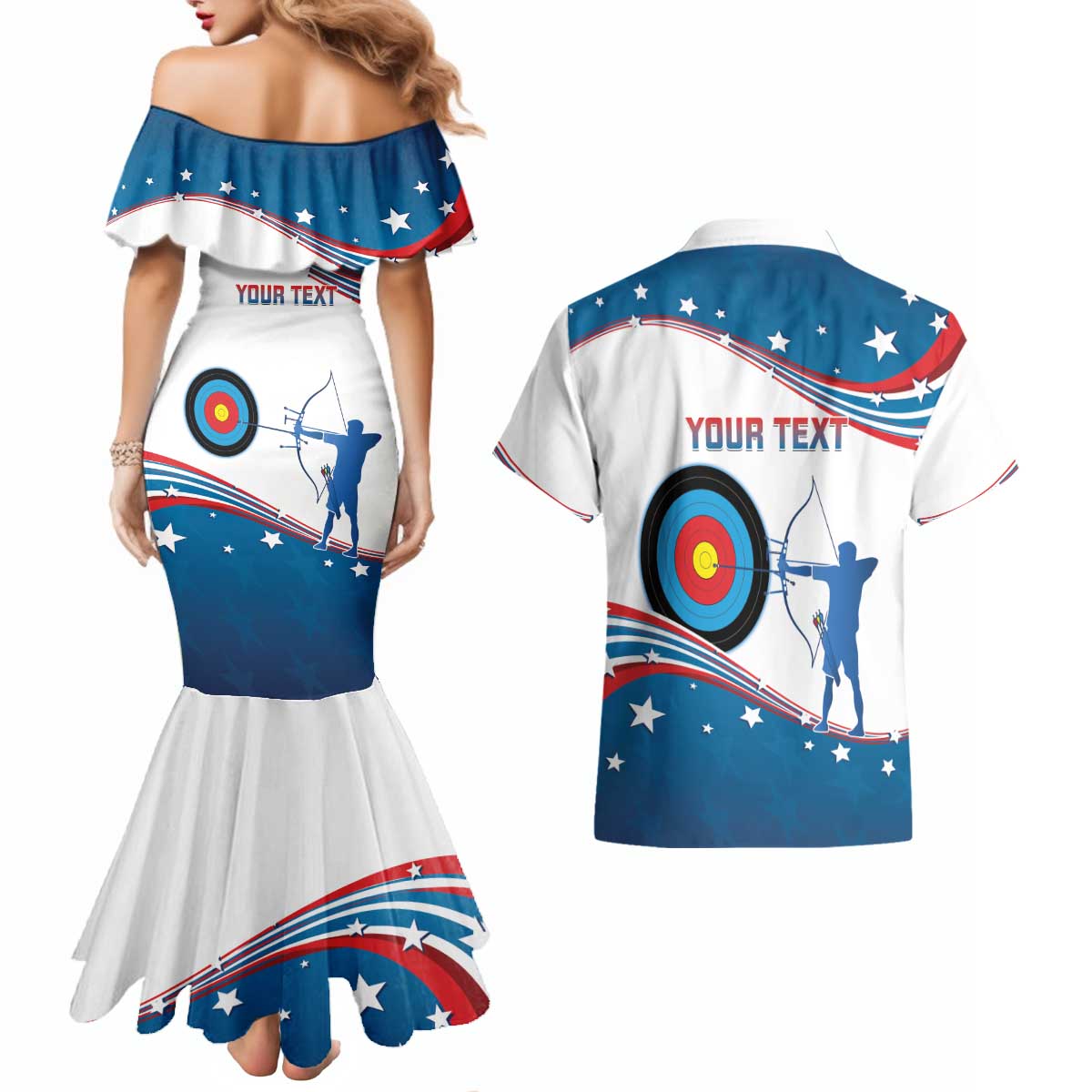 Personalized United States Archery Couples Matching Mermaid Dress and Hawaiian Shirt USA Sport Curve Style - Wonder Print Shop