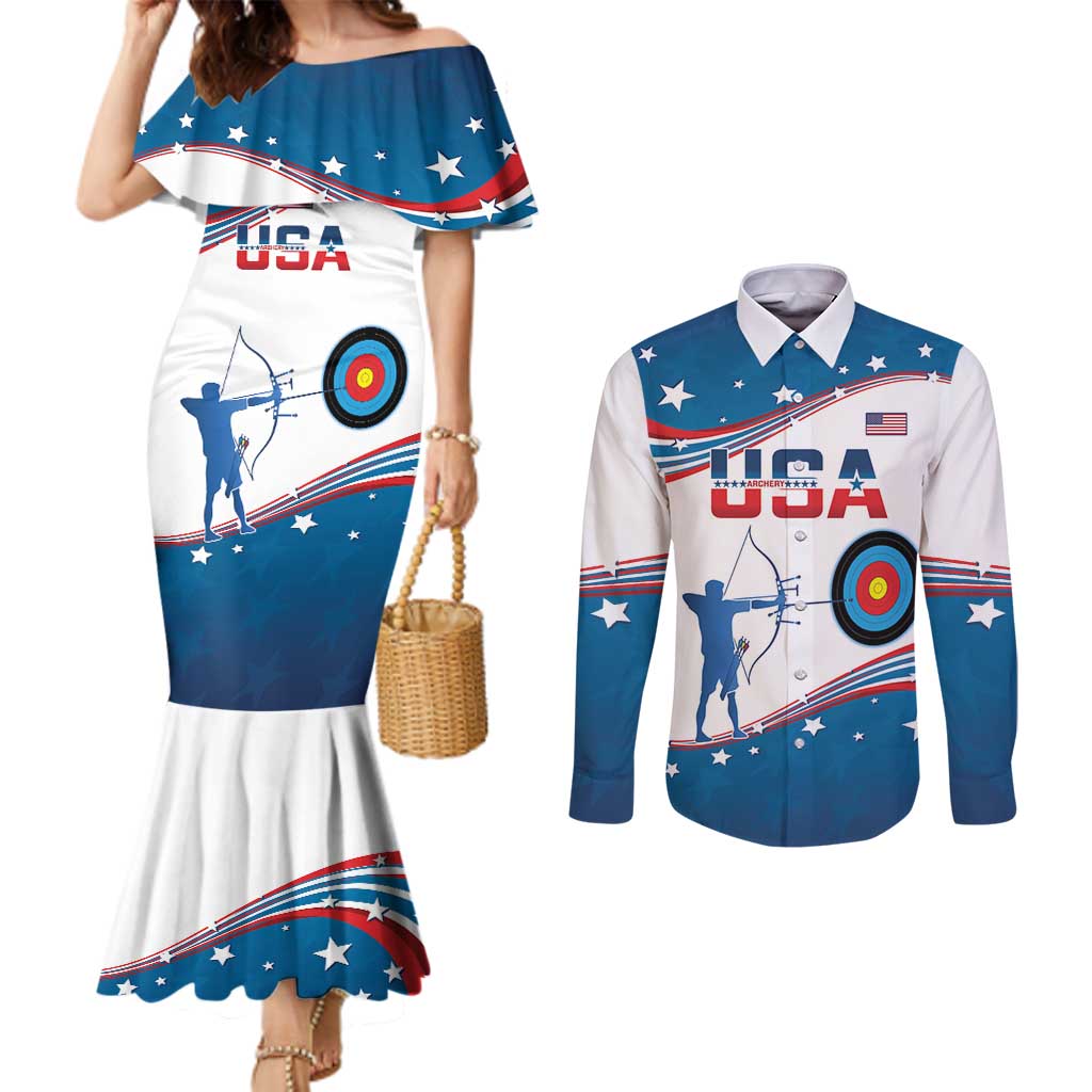 Personalized United States Archery Couples Matching Mermaid Dress and Long Sleeve Button Shirt USA Sport Curve Style - Wonder Print Shop