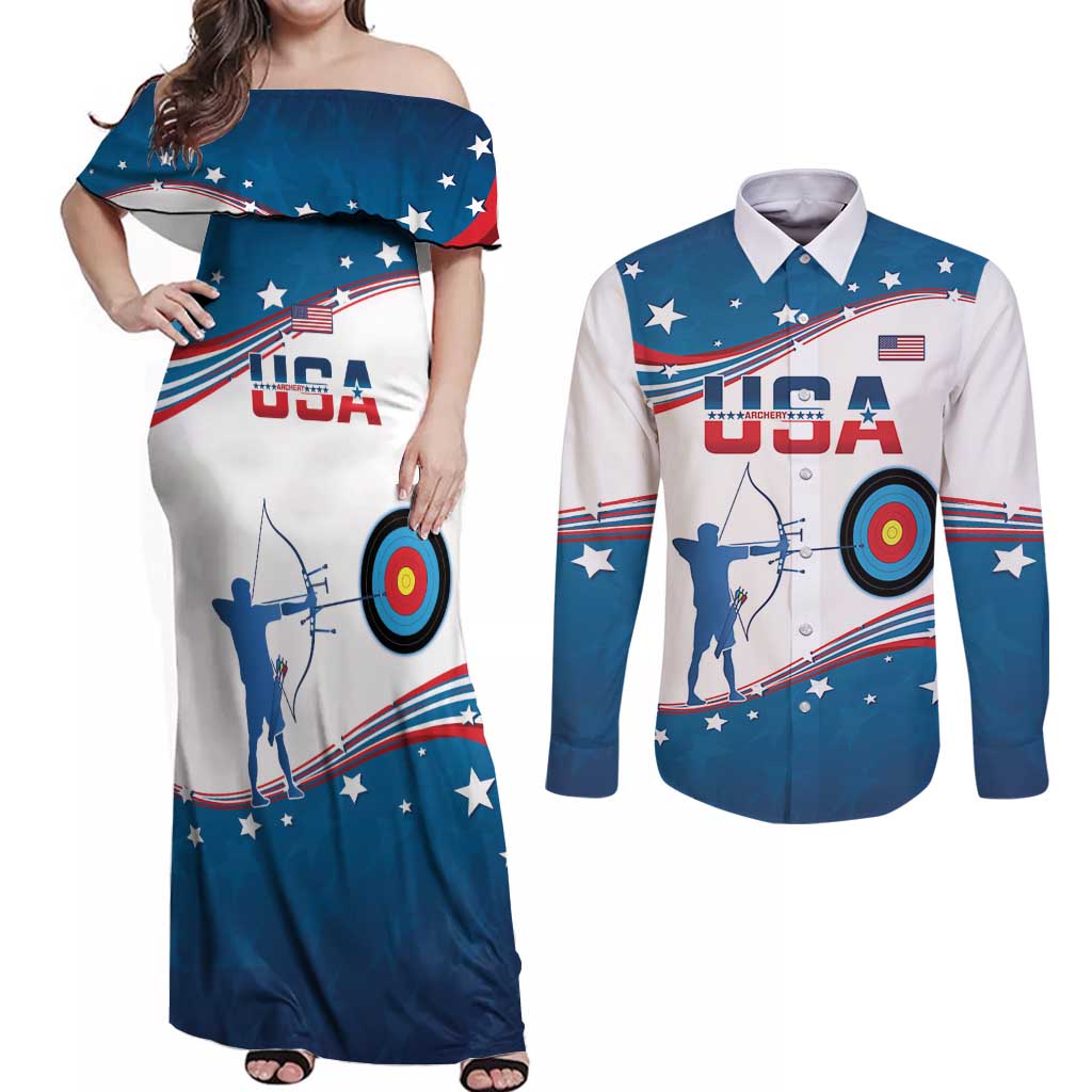 Personalized United States Archery Couples Matching Off Shoulder Maxi Dress and Long Sleeve Button Shirt USA Sport Curve Style - Wonder Print Shop