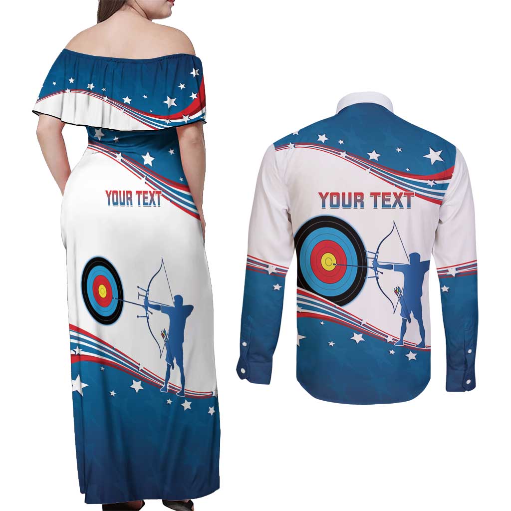 Personalized United States Archery Couples Matching Off Shoulder Maxi Dress and Long Sleeve Button Shirt USA Sport Curve Style - Wonder Print Shop