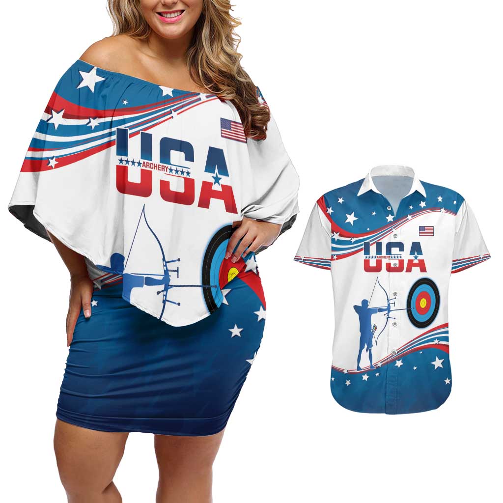 Personalized United States Archery Couples Matching Off Shoulder Short Dress and Hawaiian Shirt USA Sport Curve Style - Wonder Print Shop