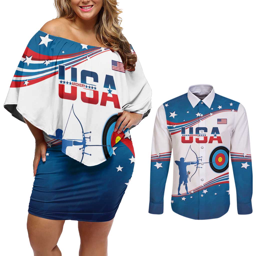 Personalized United States Archery Couples Matching Off Shoulder Short Dress and Long Sleeve Button Shirt USA Sport Curve Style - Wonder Print Shop