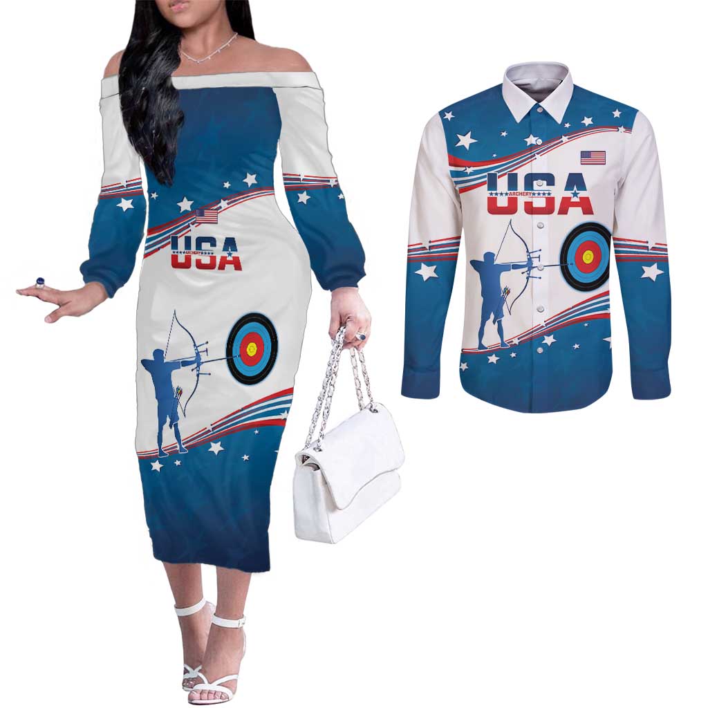 Personalized United States Archery Couples Matching Off The Shoulder Long Sleeve Dress and Long Sleeve Button Shirt USA Sport Curve Style - Wonder Print Shop