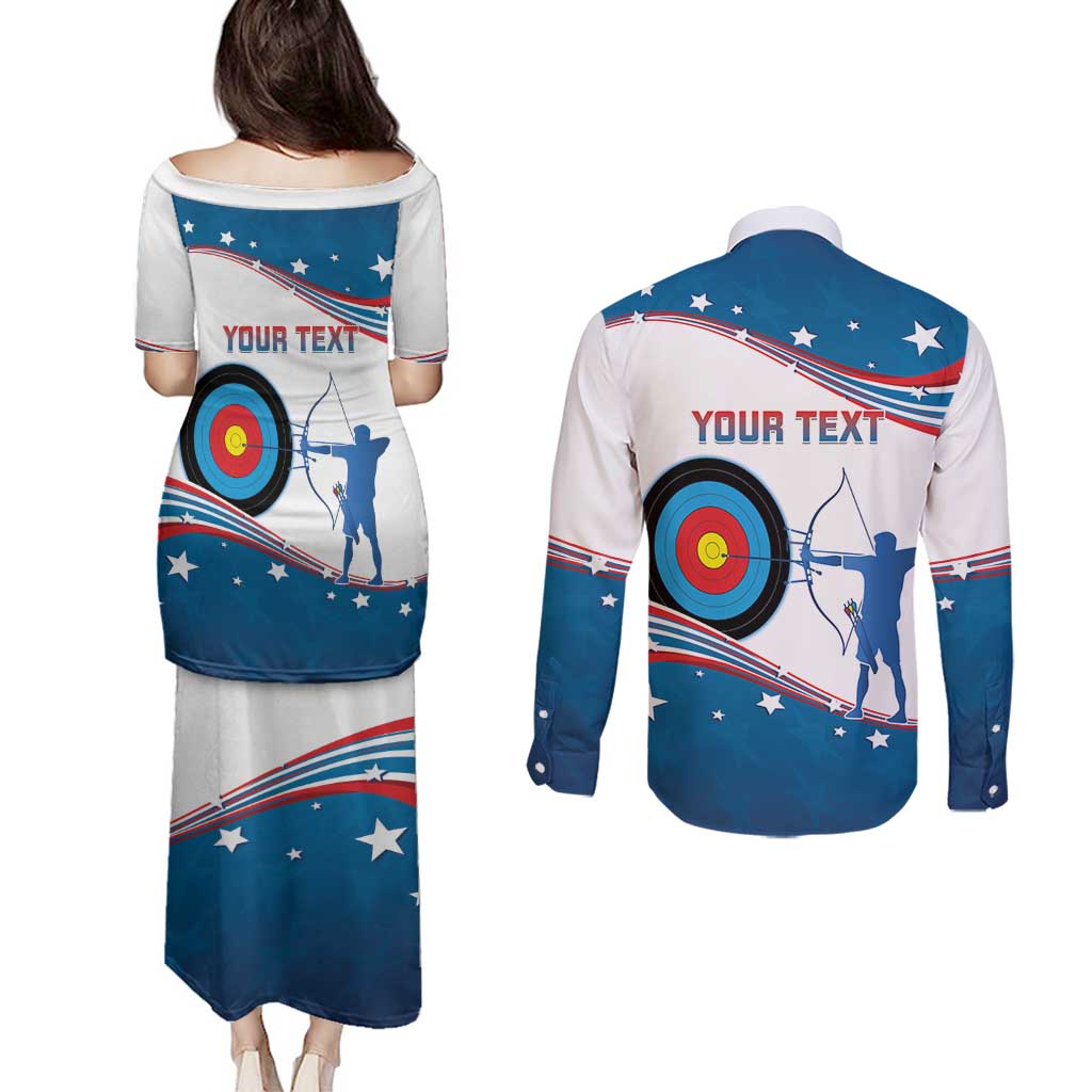 Personalized United States Archery Couples Matching Puletasi and Long Sleeve Button Shirt USA Sport Curve Style - Wonder Print Shop