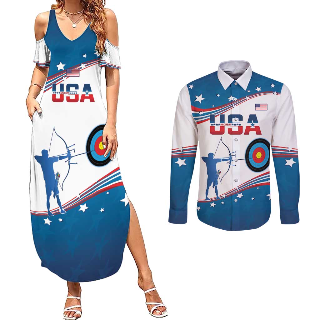 Personalized United States Archery Couples Matching Summer Maxi Dress and Long Sleeve Button Shirt USA Sport Curve Style - Wonder Print Shop
