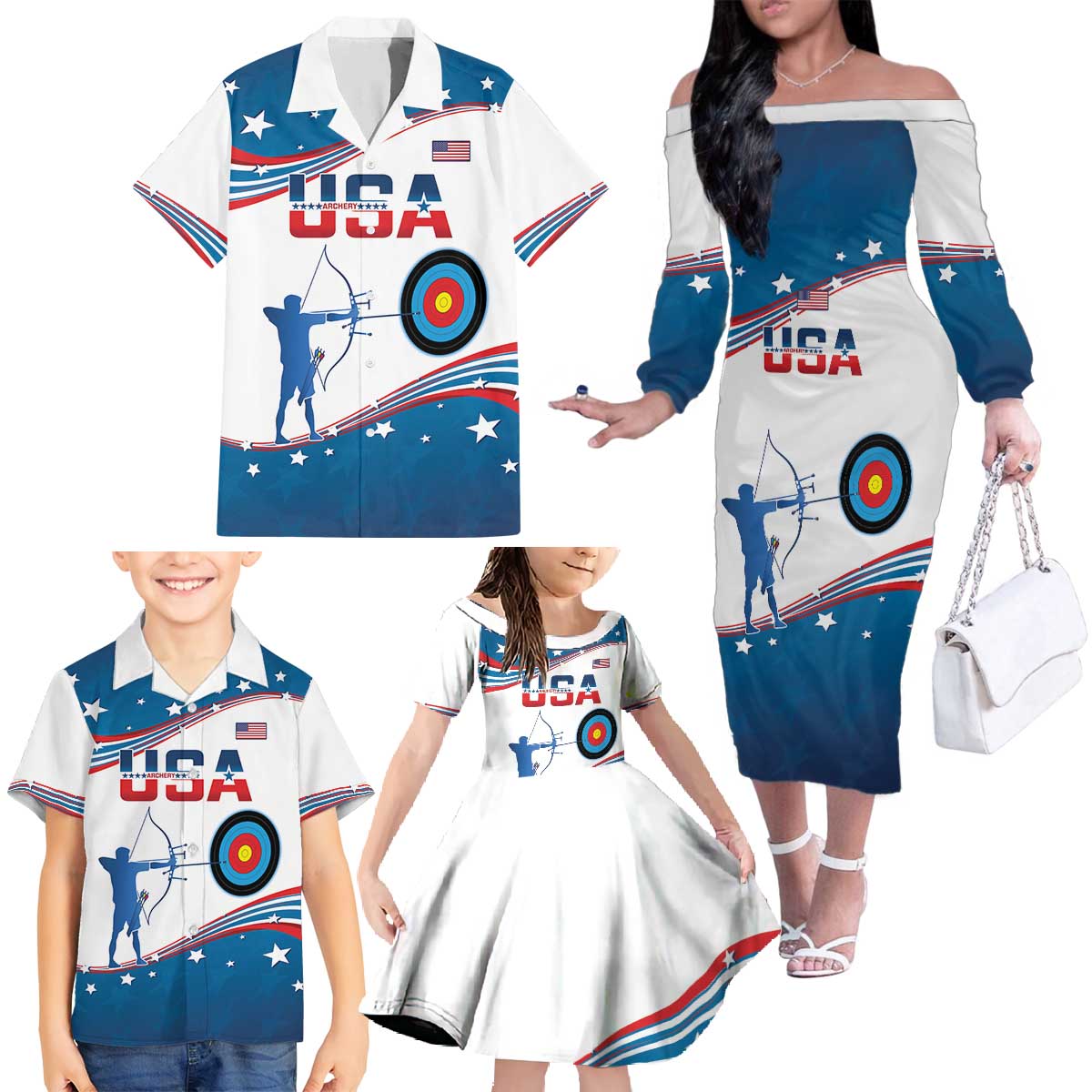 Personalized United States Archery Family Matching Off The Shoulder Long Sleeve Dress and Hawaiian Shirt USA Sport Curve Style - Wonder Print Shop