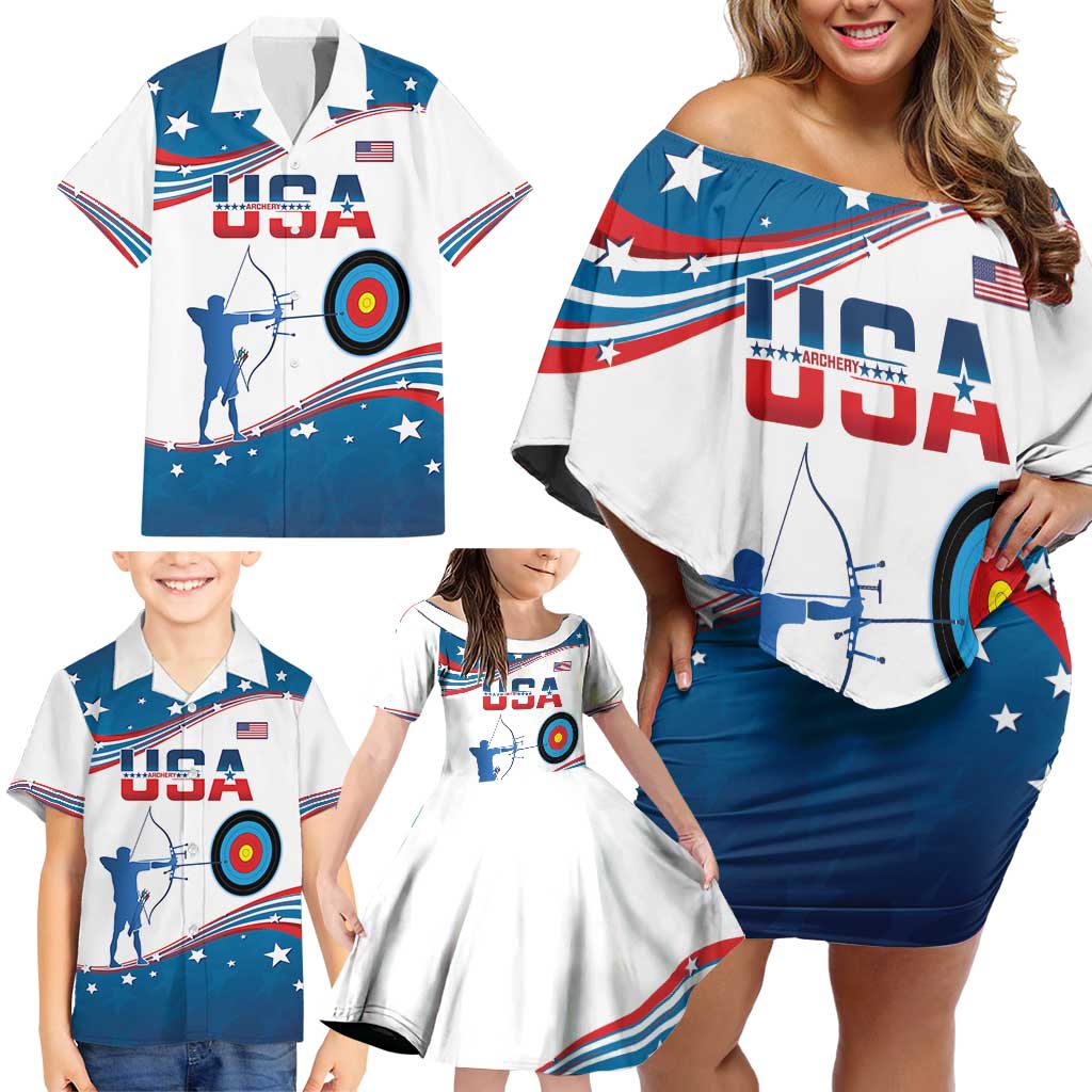 Personalized United States Archery Family Matching Off Shoulder Short Dress and Hawaiian Shirt USA Sport Curve Style - Wonder Print Shop