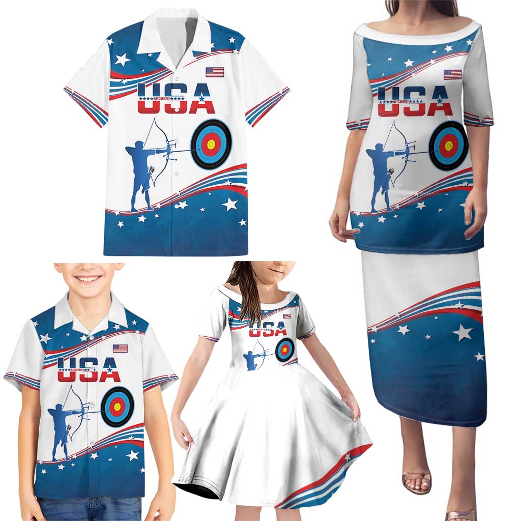 Personalized United States Archery Family Matching Puletasi and Hawaiian Shirt USA Sport Curve Style - Wonder Print Shop