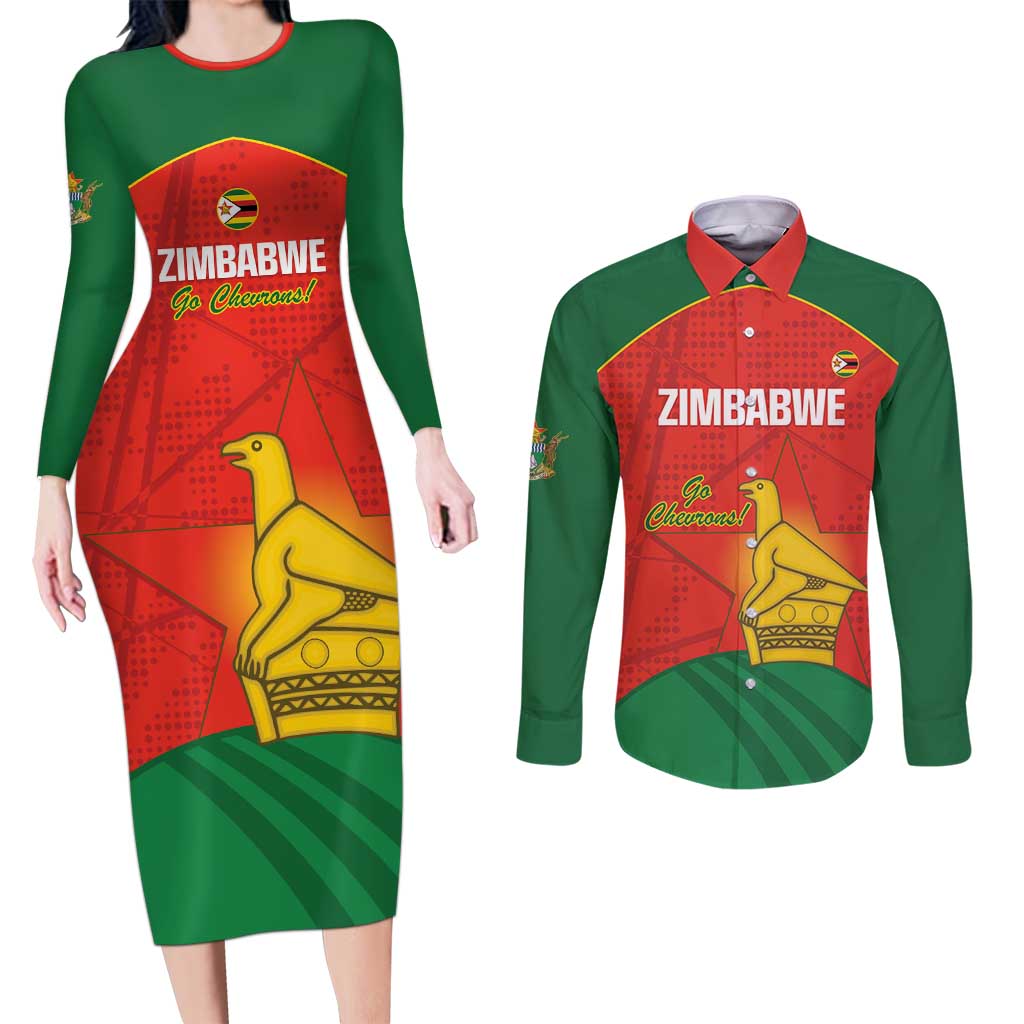 Custom Zimbabwe Cricket Couples Matching Long Sleeve Bodycon Dress and Long Sleeve Button Shirt Go Chevrons 2003 Color Version - Wonder Print Shop