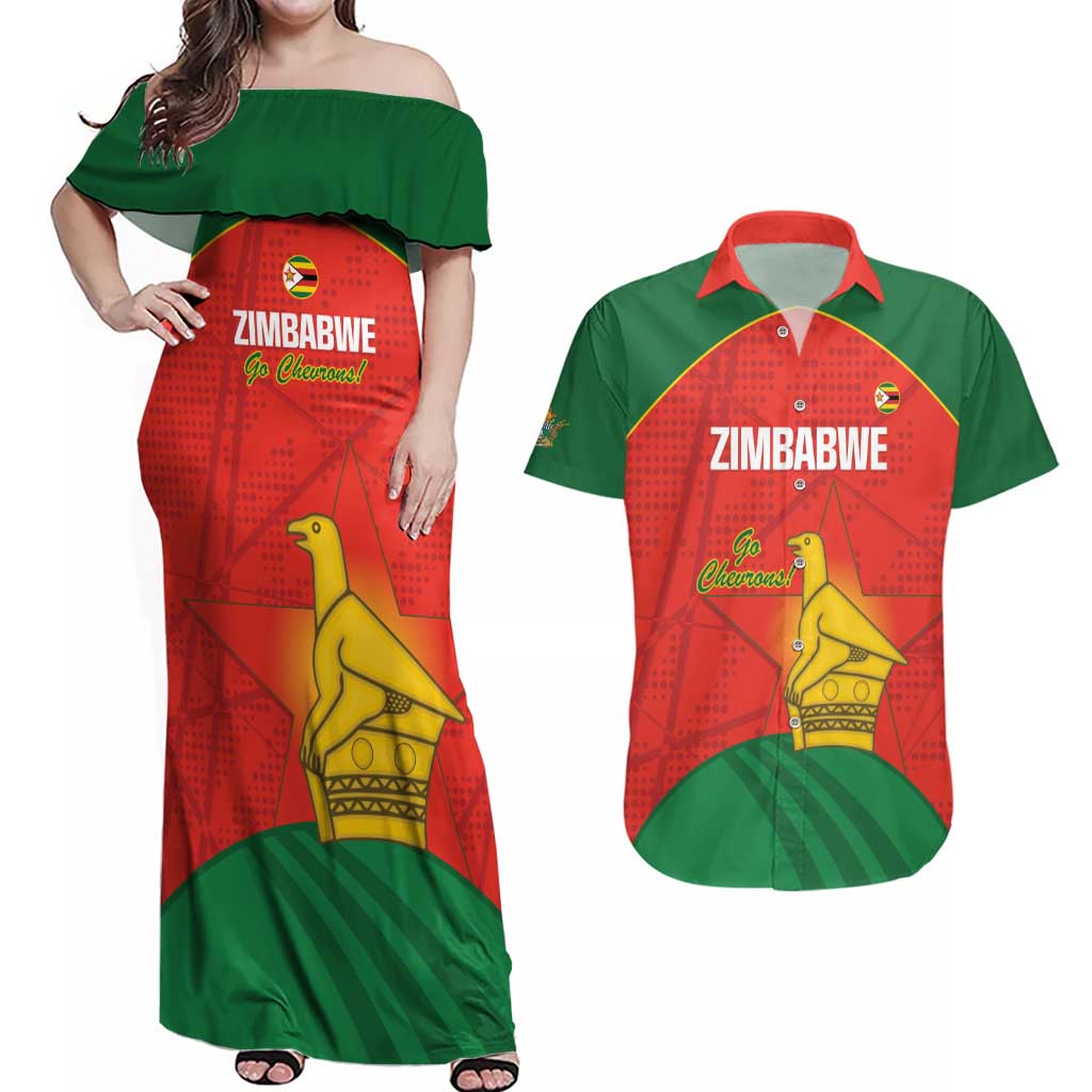 Custom Zimbabwe Cricket Couples Matching Off Shoulder Maxi Dress and Hawaiian Shirt Go Chevrons 2003 Color Version - Wonder Print Shop