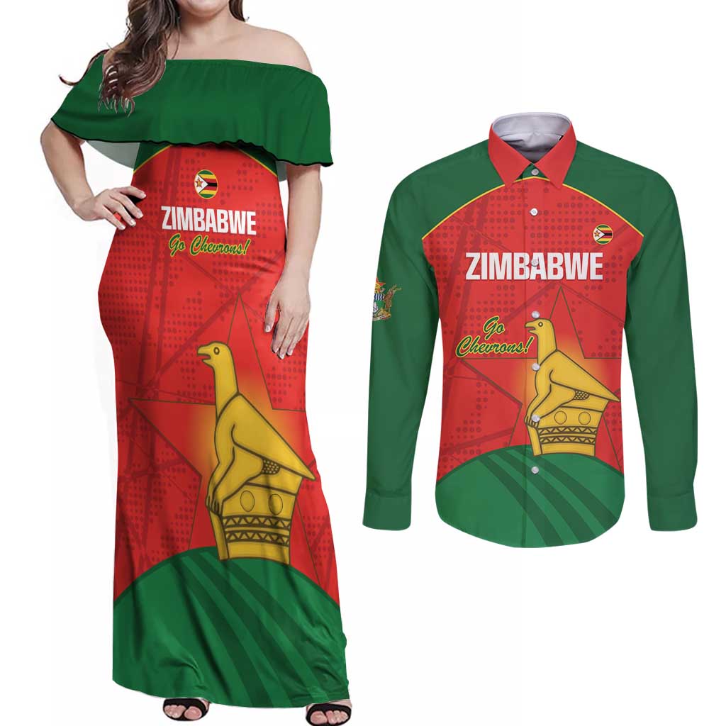 Custom Zimbabwe Cricket Couples Matching Off Shoulder Maxi Dress and Long Sleeve Button Shirt Go Chevrons 2003 Color Version - Wonder Print Shop