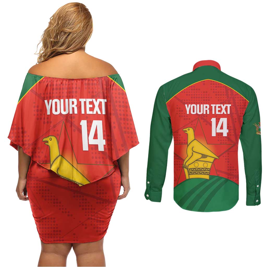 Custom Zimbabwe Cricket Couples Matching Off Shoulder Short Dress and Long Sleeve Button Shirt Go Chevrons 2003 Color Version - Wonder Print Shop