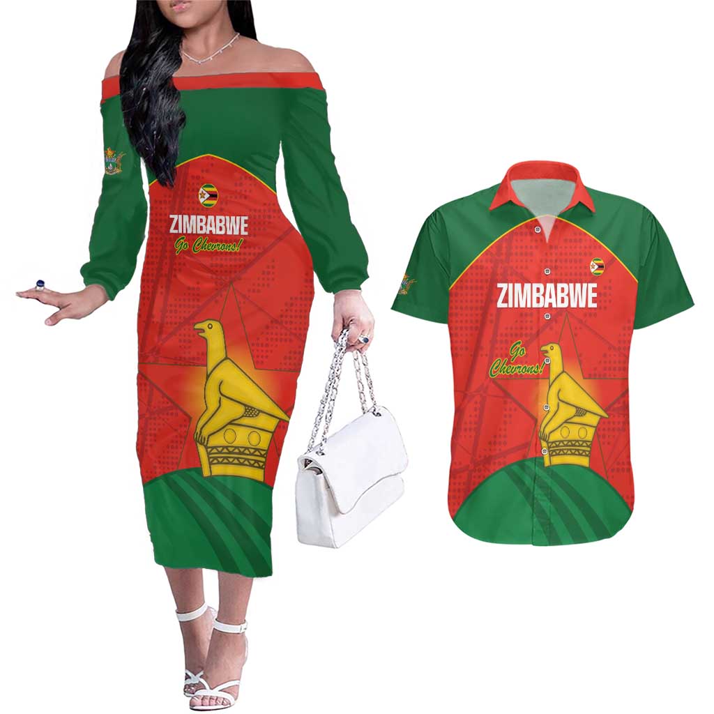 Custom Zimbabwe Cricket Couples Matching Off The Shoulder Long Sleeve Dress and Hawaiian Shirt Go Chevrons 2003 Color Version - Wonder Print Shop