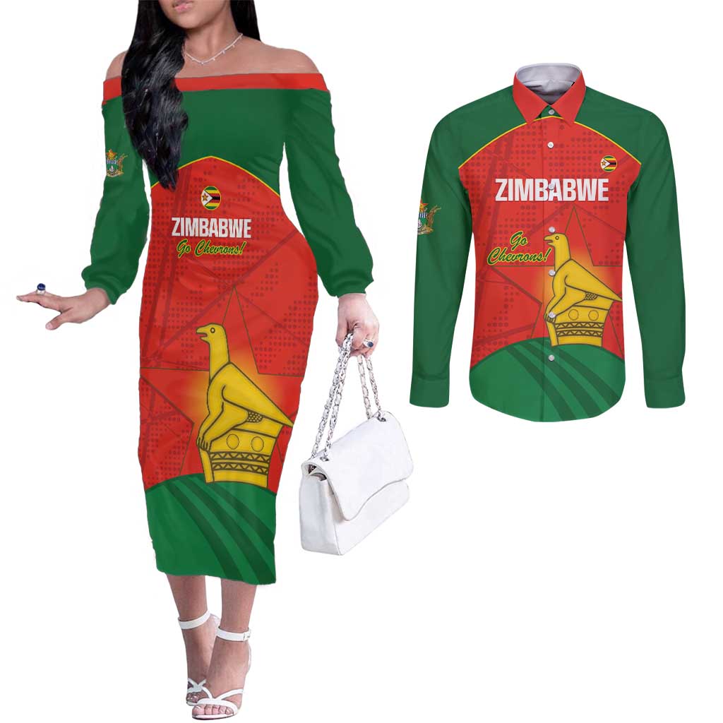 Custom Zimbabwe Cricket Couples Matching Off The Shoulder Long Sleeve Dress and Long Sleeve Button Shirt Go Chevrons 2003 Color Version - Wonder Print Shop