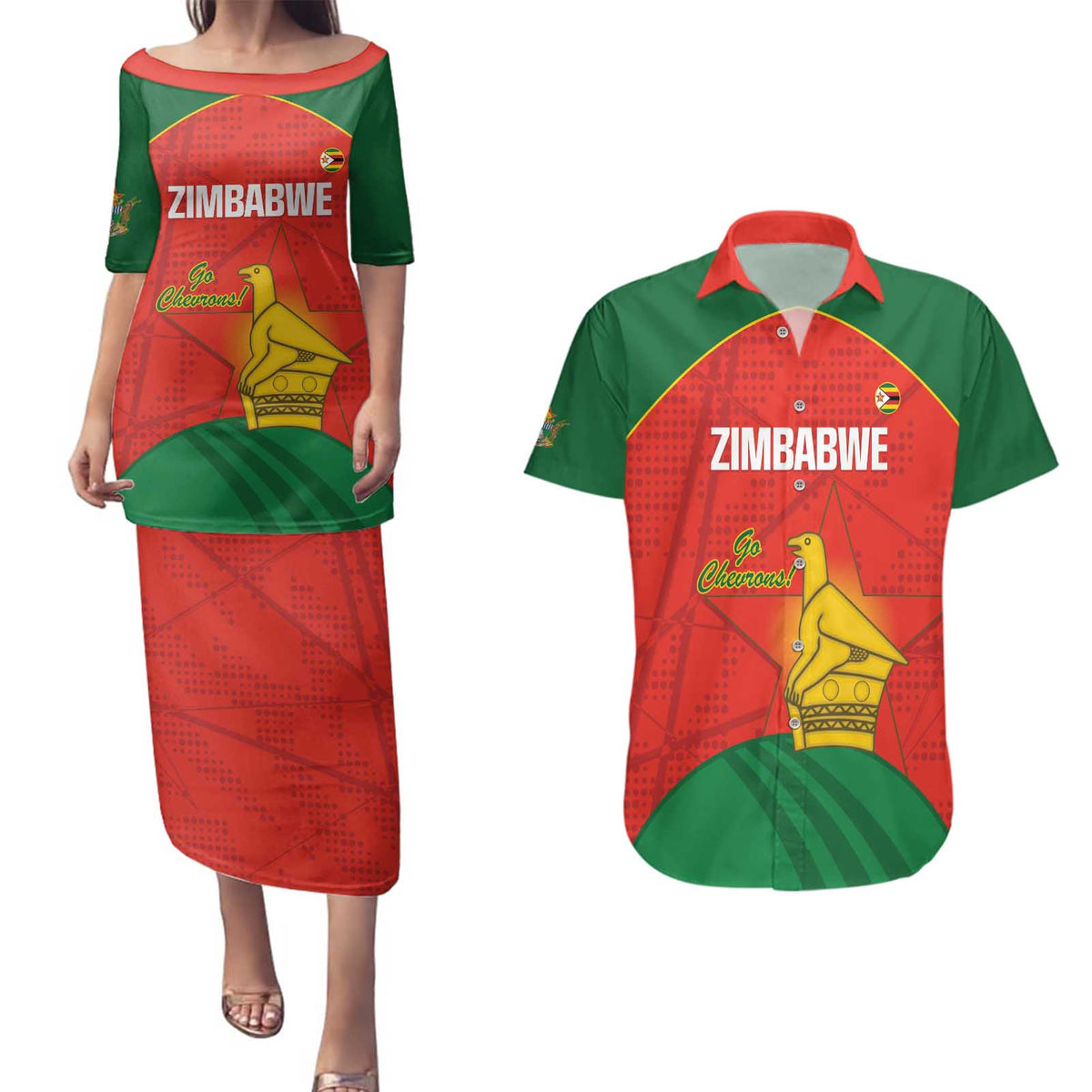 Custom Zimbabwe Cricket Couples Matching Puletasi and Hawaiian Shirt Go Chevrons 2003 Color Version - Wonder Print Shop