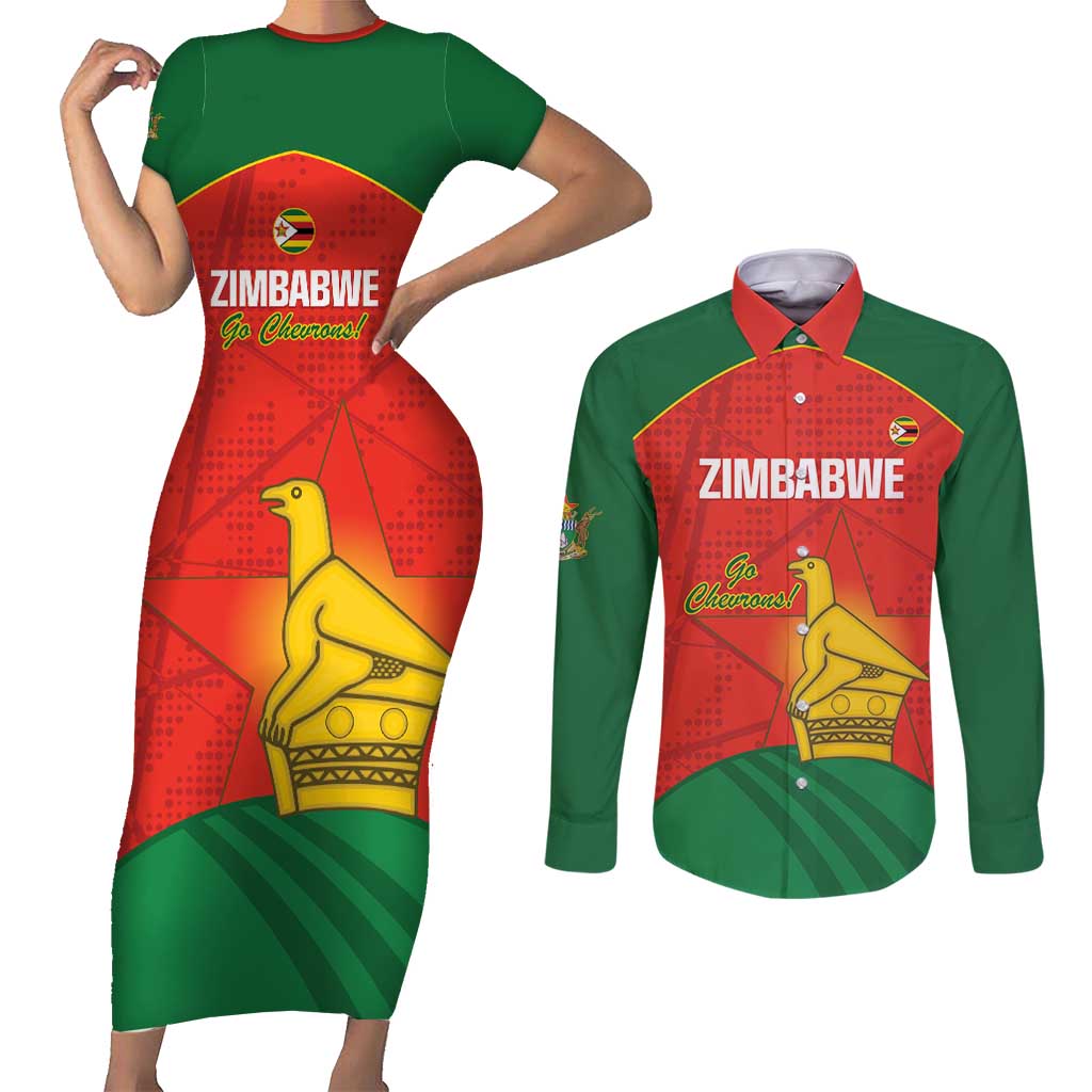 Custom Zimbabwe Cricket Couples Matching Short Sleeve Bodycon Dress and Long Sleeve Button Shirt Go Chevrons 2003 Color Version - Wonder Print Shop