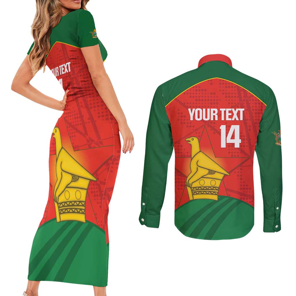 Custom Zimbabwe Cricket Couples Matching Short Sleeve Bodycon Dress and Long Sleeve Button Shirt Go Chevrons 2003 Color Version - Wonder Print Shop