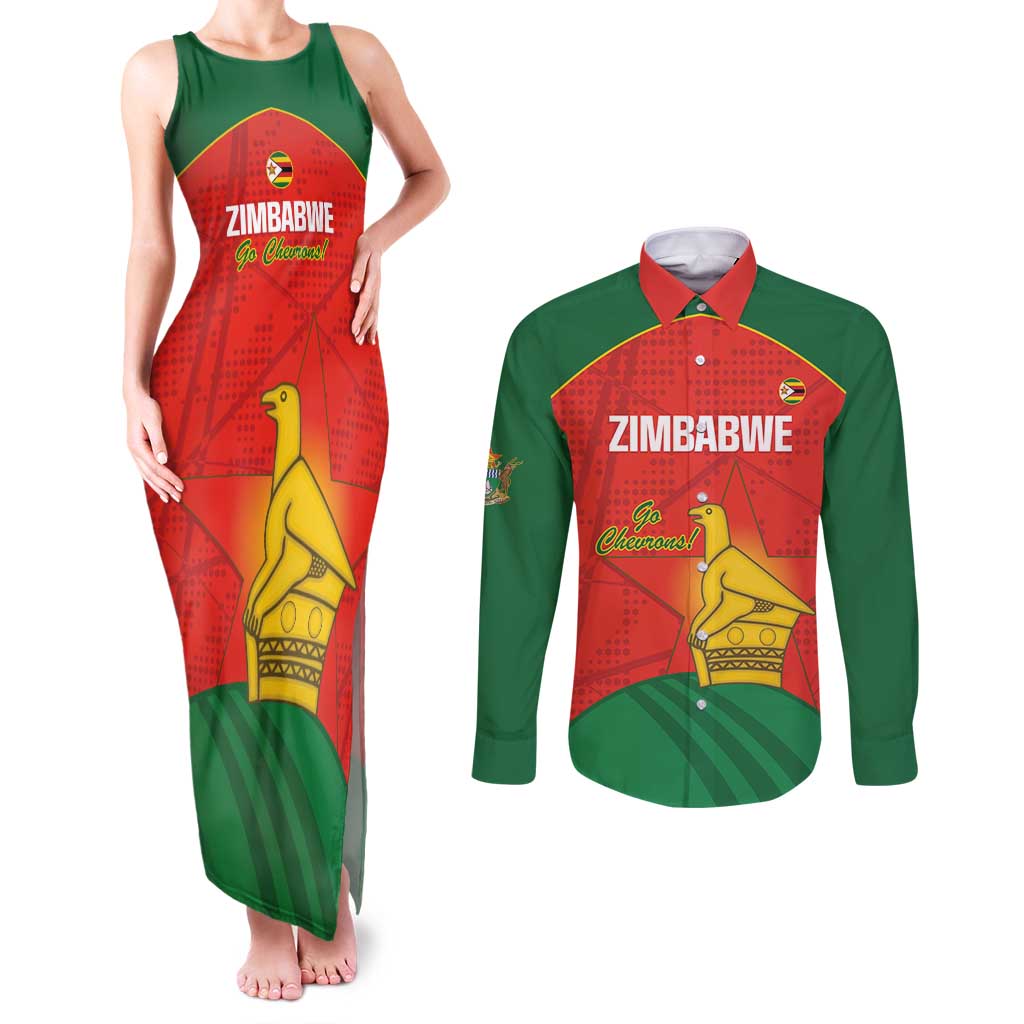 Custom Zimbabwe Cricket Couples Matching Tank Maxi Dress and Long Sleeve Button Shirt Go Chevrons 2003 Color Version - Wonder Print Shop