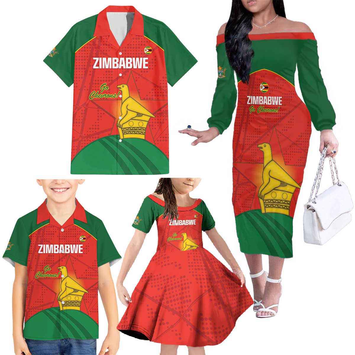Custom Zimbabwe Cricket Family Matching Off The Shoulder Long Sleeve Dress and Hawaiian Shirt Go Chevrons 2003 Color Version - Wonder Print Shop