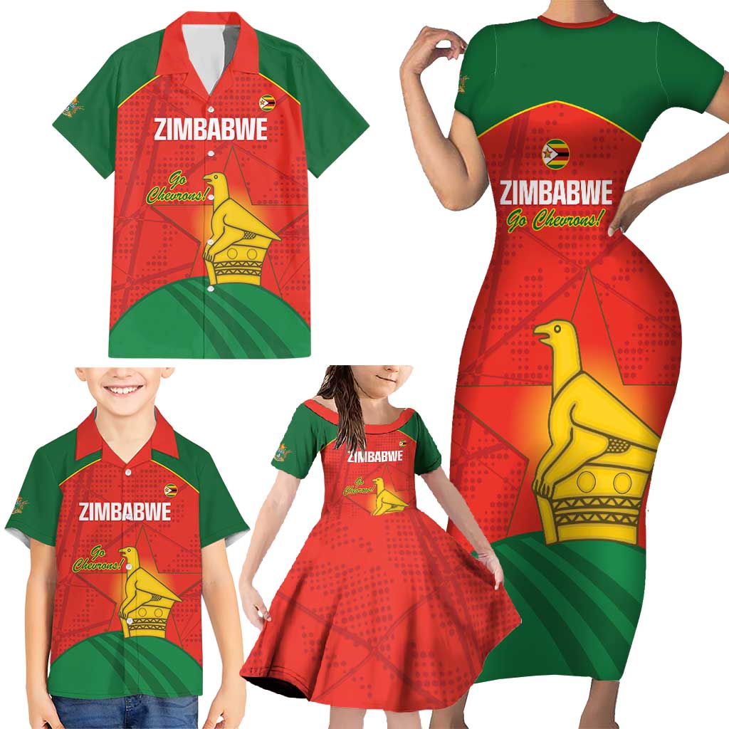 Custom Zimbabwe Cricket Family Matching Short Sleeve Bodycon Dress and Hawaiian Shirt Go Chevrons 2003 Color Version - Wonder Print Shop