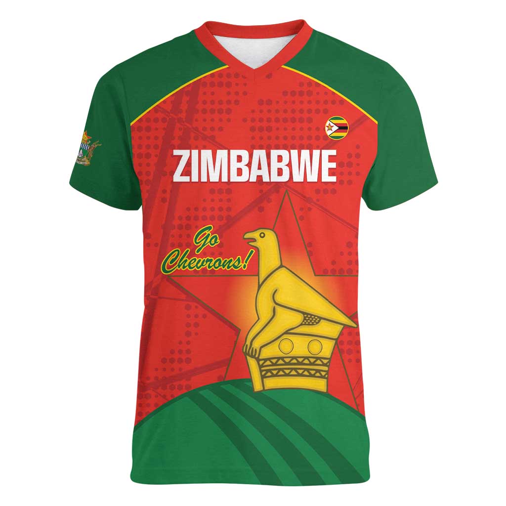 Custom Zimbabwe Cricket Women V-Neck T-Shirt Go Chevrons 2003 Color Version - Wonder Print Shop