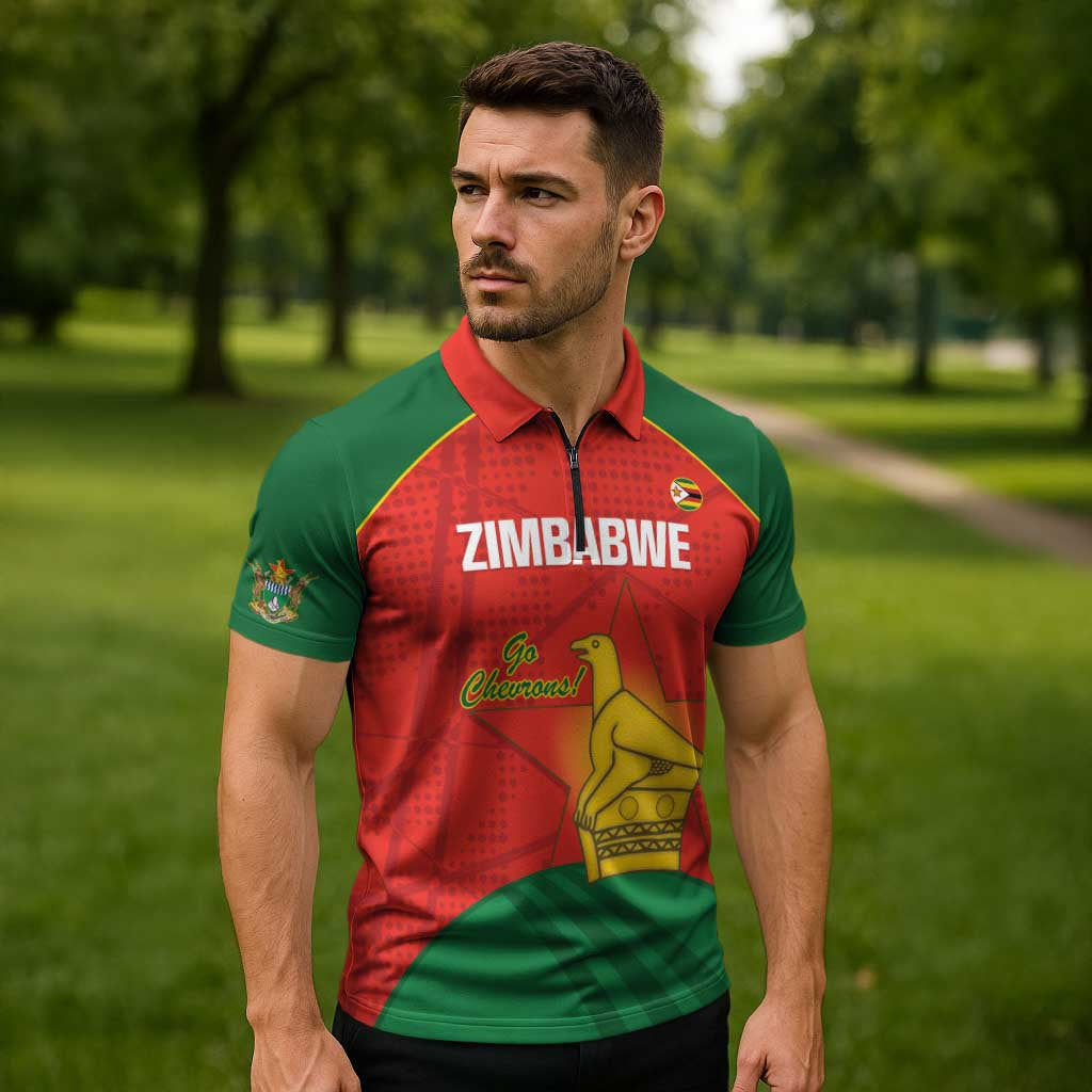 Custom Zimbabwe Cricket Zipper Polo Shirt Go Chevrons 2003 Color Version - Wonder Print Shop