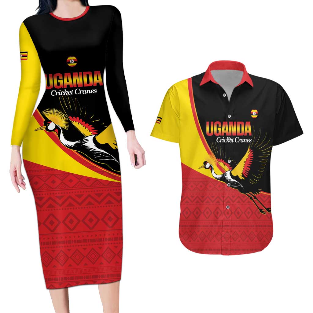 Custom Uganda Cricket Couples Matching Long Sleeve Bodycon Dress and Hawaiian Shirt Go Cranes African Pattern - Wonder Print Shop