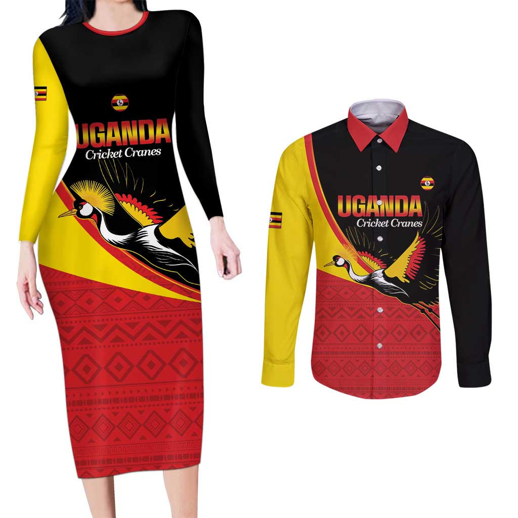 Custom Uganda Cricket Couples Matching Long Sleeve Bodycon Dress and Long Sleeve Button Shirt Go Cranes African Pattern - Wonder Print Shop