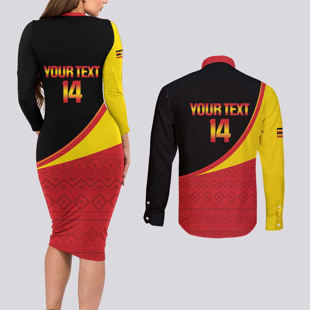 Custom Uganda Cricket Couples Matching Long Sleeve Bodycon Dress and Long Sleeve Button Shirt Go Cranes African Pattern - Wonder Print Shop