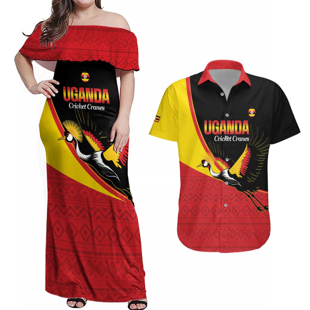 Custom Uganda Cricket Couples Matching Off Shoulder Maxi Dress and Hawaiian Shirt Go Cranes African Pattern - Wonder Print Shop