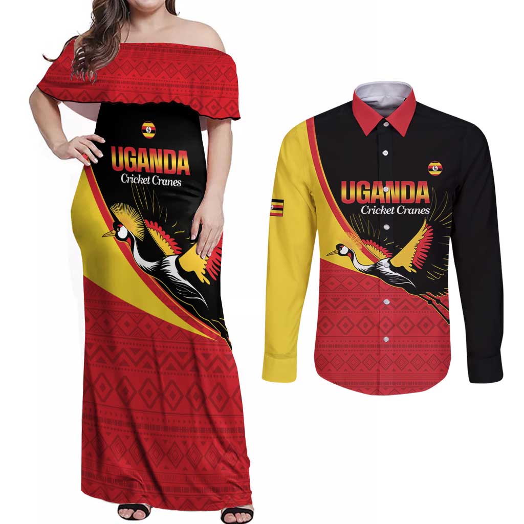 Custom Uganda Cricket Couples Matching Off Shoulder Maxi Dress and Long Sleeve Button Shirt Go Cranes African Pattern - Wonder Print Shop