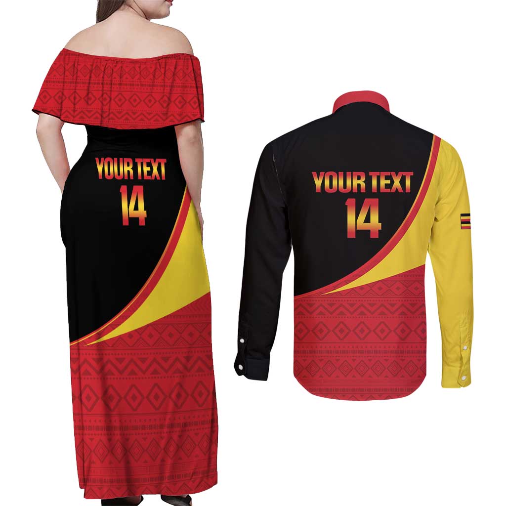 Custom Uganda Cricket Couples Matching Off Shoulder Maxi Dress and Long Sleeve Button Shirt Go Cranes African Pattern - Wonder Print Shop