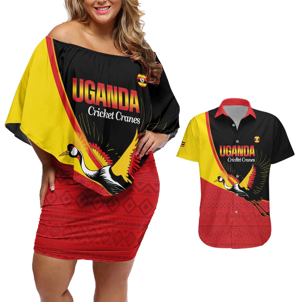 Custom Uganda Cricket Couples Matching Off Shoulder Short Dress and Hawaiian Shirt Go Cranes African Pattern - Wonder Print Shop