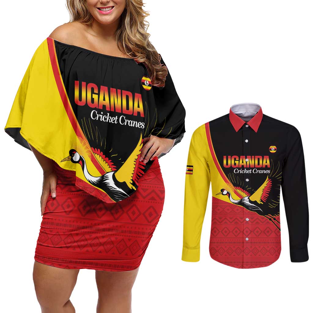 Custom Uganda Cricket Couples Matching Off Shoulder Short Dress and Long Sleeve Button Shirt Go Cranes African Pattern - Wonder Print Shop