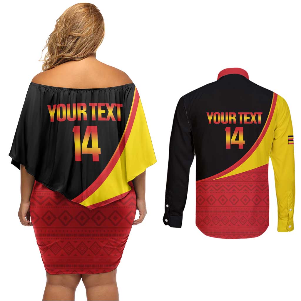 Custom Uganda Cricket Couples Matching Off Shoulder Short Dress and Long Sleeve Button Shirt Go Cranes African Pattern - Wonder Print Shop