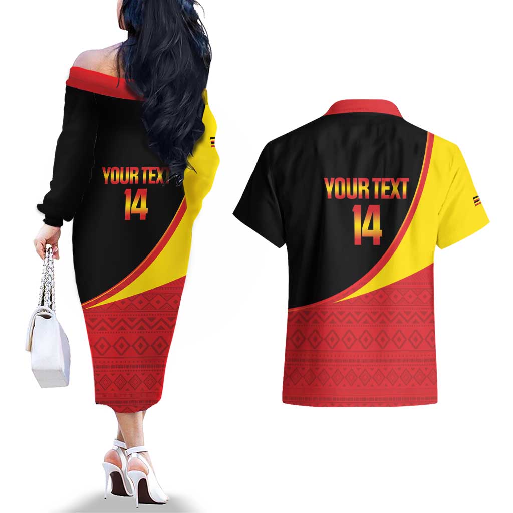 Custom Uganda Cricket Couples Matching Off The Shoulder Long Sleeve Dress and Hawaiian Shirt Go Cranes African Pattern - Wonder Print Shop