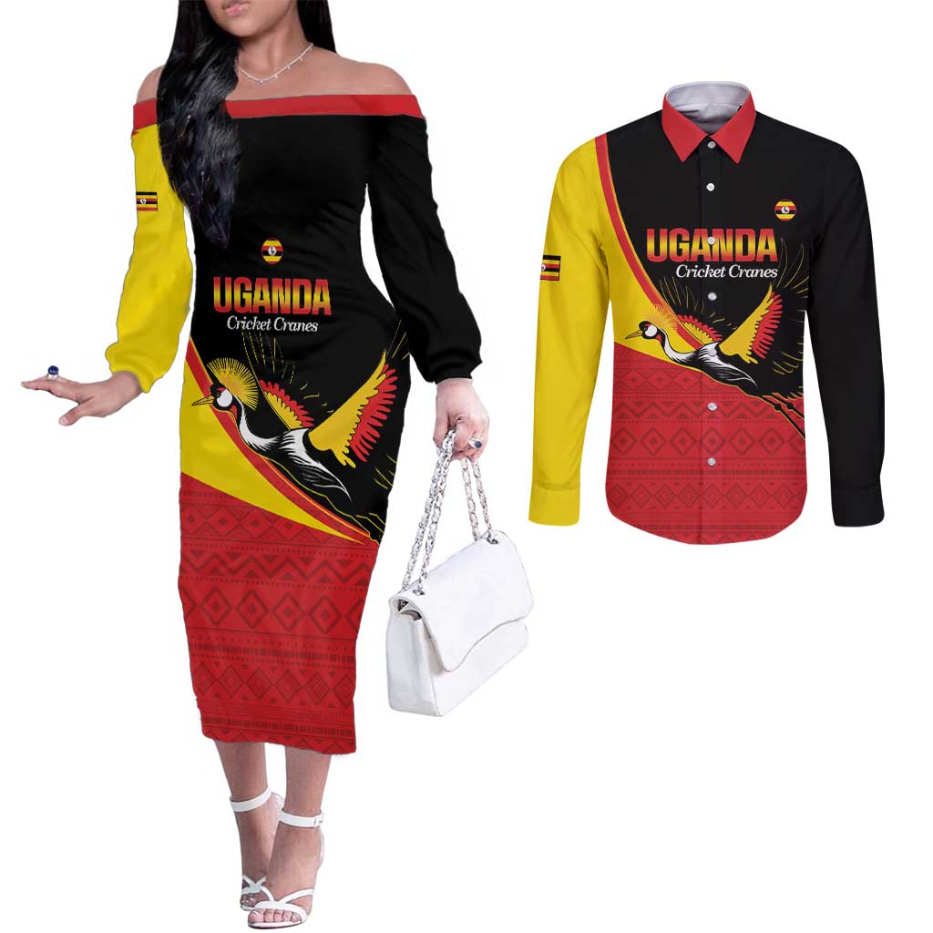 Custom Uganda Cricket Couples Matching Off The Shoulder Long Sleeve Dress and Long Sleeve Button Shirt Go Cranes African Pattern - Wonder Print Shop